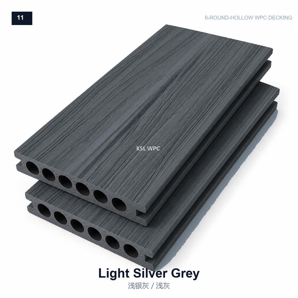 Charcoal black wood grain 6-round hollow WPC decking board, outdoor composite deck flooring for garden terrace