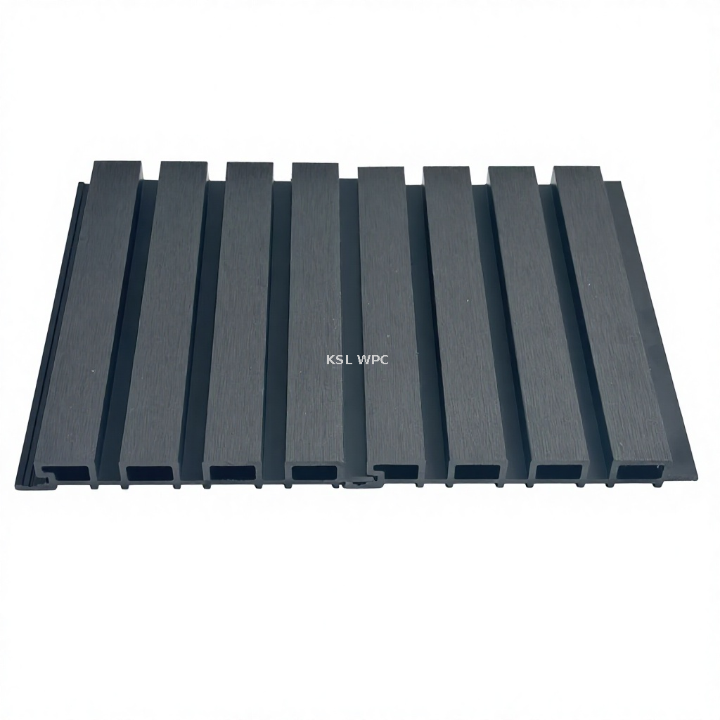 Modern villa exterior with grey WPC slatted cladding panels on building facade
