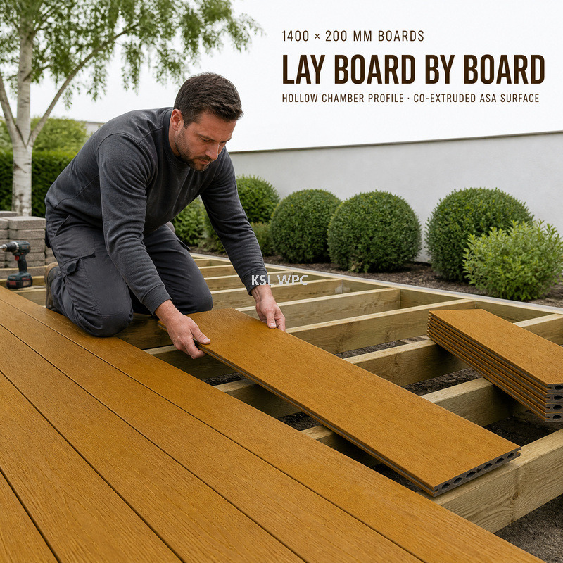 KSL 3rd Gen ASA Co-Extruded Decking Board 1400x200mm Charcoal Wood Grain Hollow Chamber Profile Deck Board