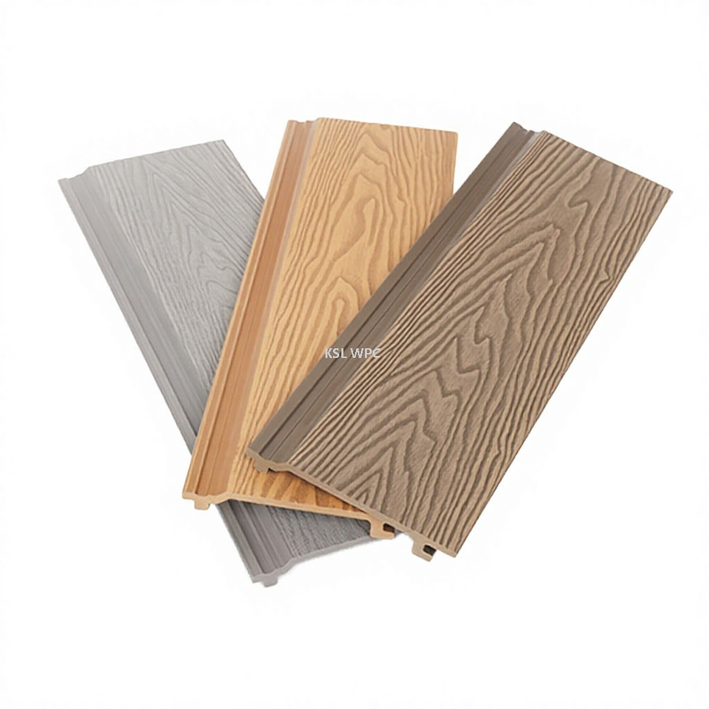Multiple color swatches of ASA wall panel, teak oak walnut grey for building exterior decoration