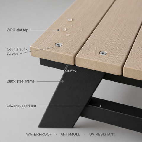 WPC picnic table on an outdoor cafe terrace at sunset, waterproof anti-mold UV resistant