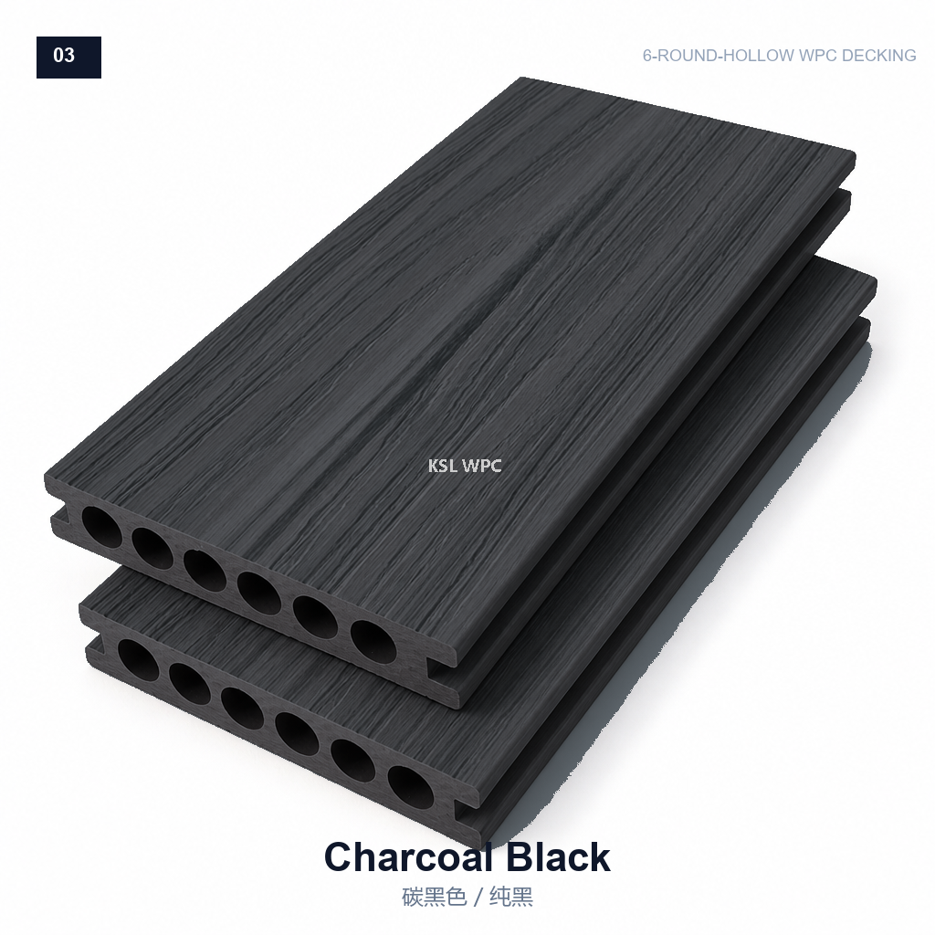 Storm grey wood grain 6-round hollow WPC decking board, outdoor composite deck flooring for garden terrace