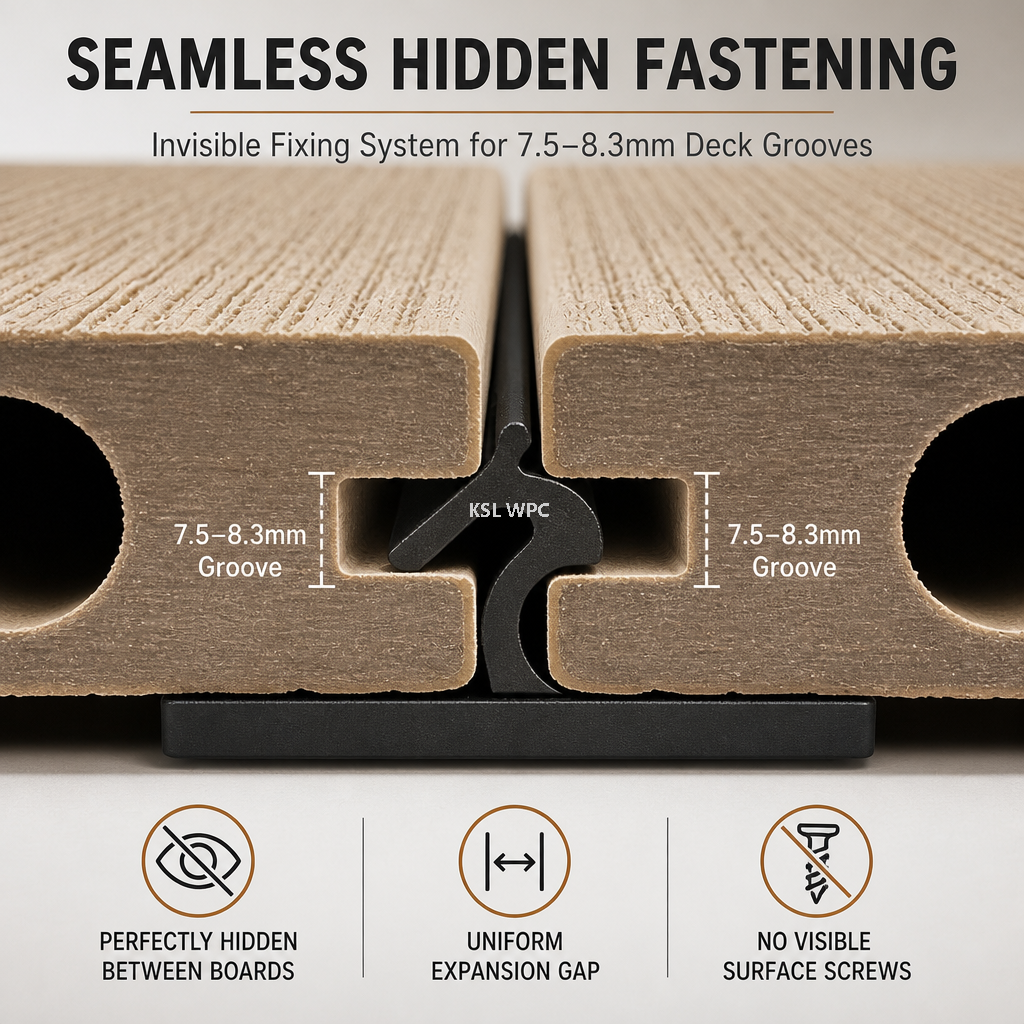 Technical Specifications of 46x46mm WPC Decking Clip with 10g Weight and 7.5-8.3mm Slot 