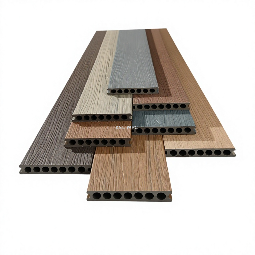 Dark grey ASA co-extruded WPC decking backyard terrace installation"