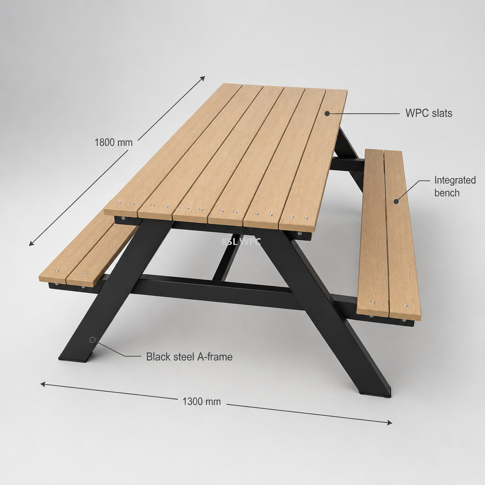 1800 mm WPC picnic table with two integrated benches and black steel A-frame legs, white background