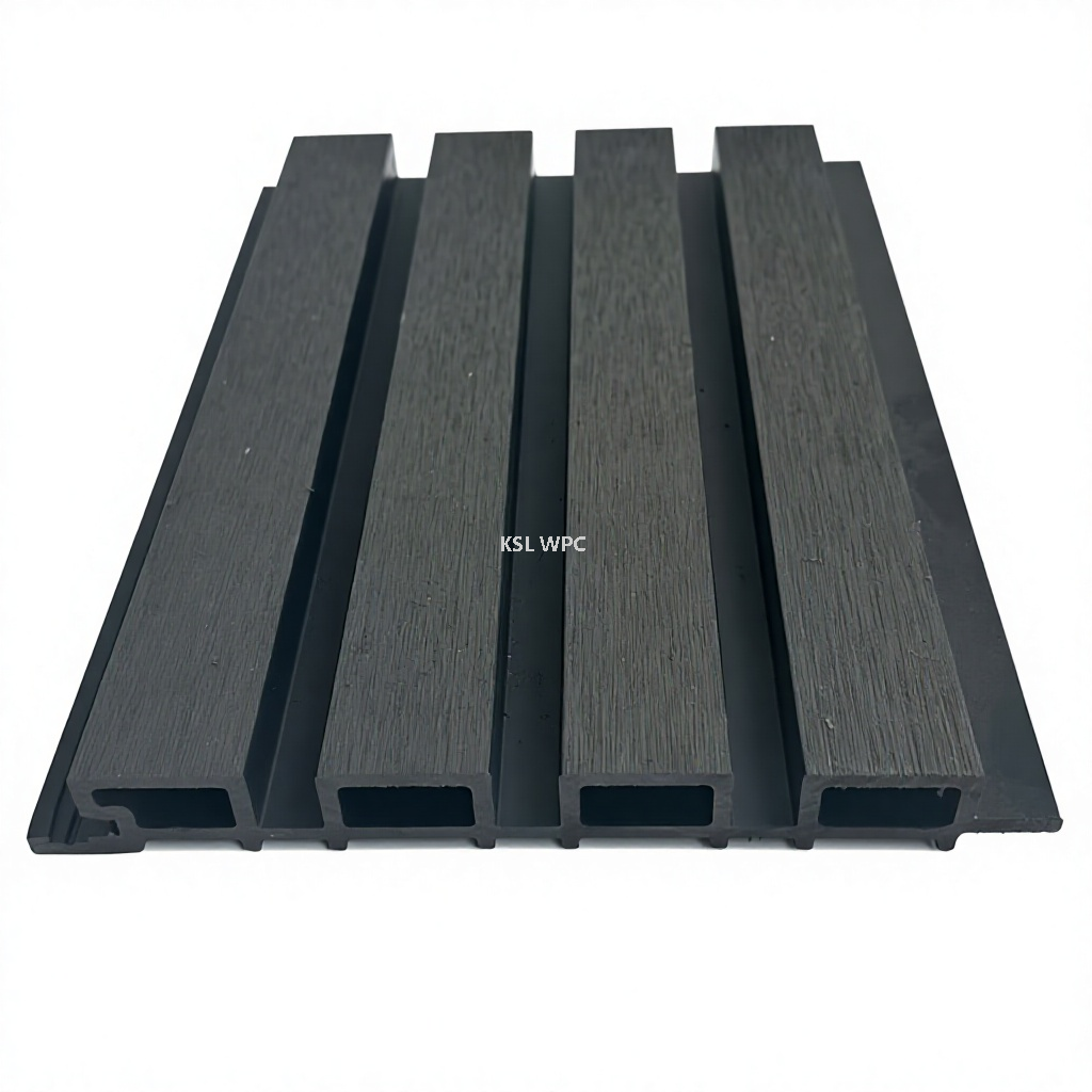 Modern villa exterior with grey WPC slatted cladding panels on building facade
