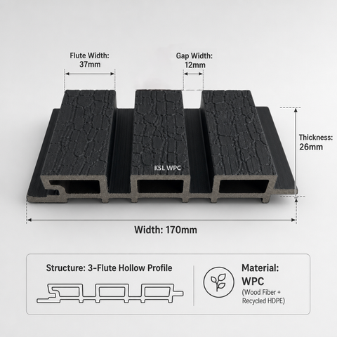 170x26mm 3-Flute Black Shou Sugi Ban WPC Wall Cladding Panel on Pure White Background