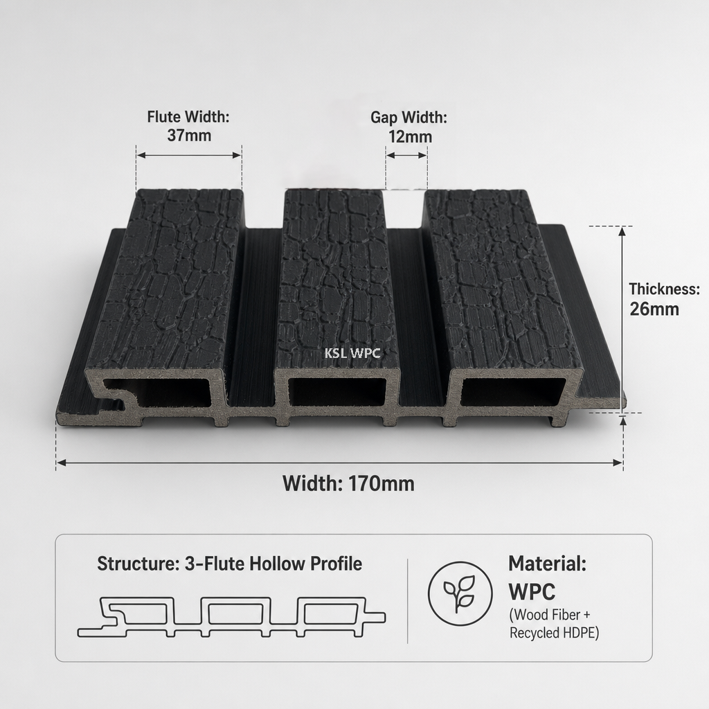 Technical Specifications and Dimension Diagram of 170x26mm 3-Flute Hollow WPC Wall Panel
