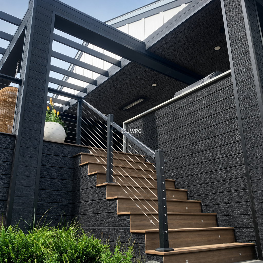 Modern Architectural Villa Exterior Facade Cladding with Horizontal Black Shou Sugi Ban WPC Panels