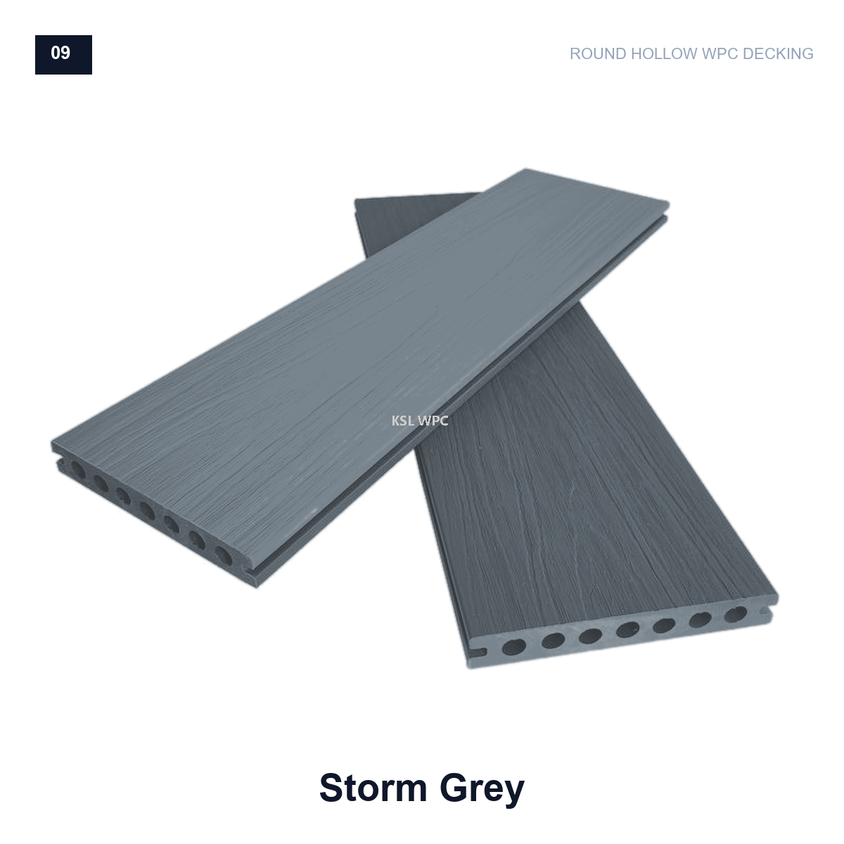 Storm grey round hollow WPC decking boards with wood grain finish