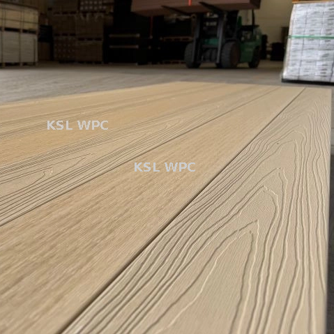 Co-extruded WPC decking outdoor patio installation, fade resistant capped composite deck boards