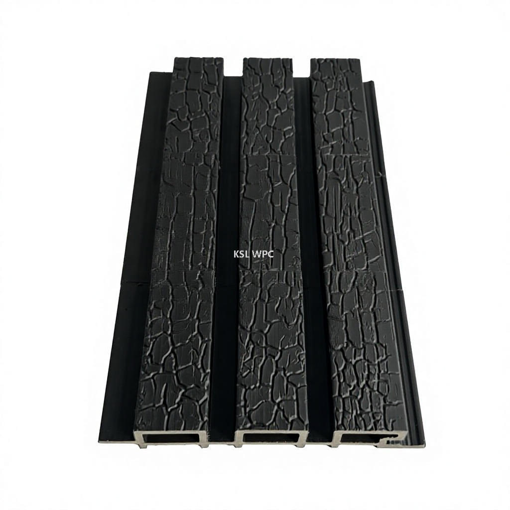 170x26mm 3-Flute Black Shou Sugi Ban WPC Wall Cladding Panel on Pure White Background