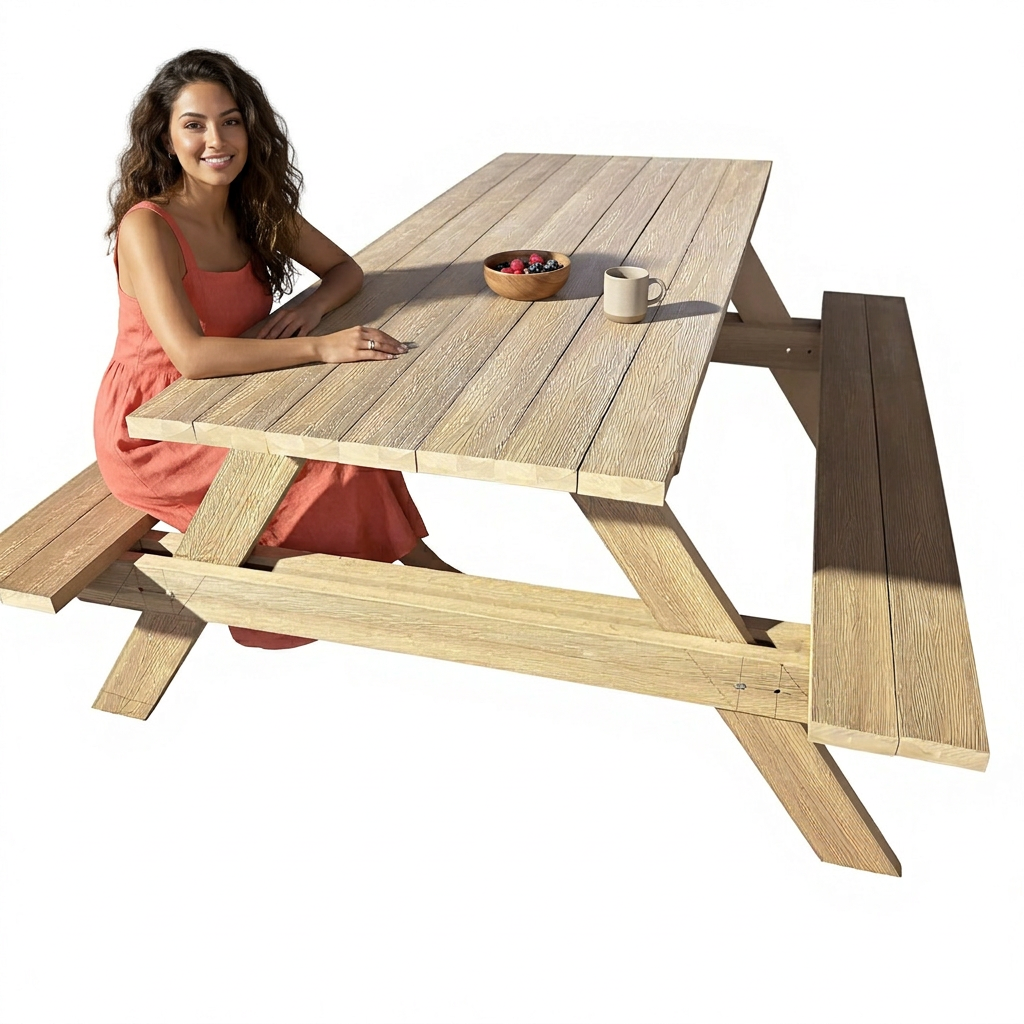WPC outdoor picnic bench set with table and two benches, waterproof and UV-resistant composite material