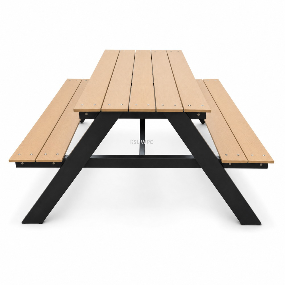 WPC picnic table on an outdoor cafe terrace at sunset, waterproof anti-mold UV resistant