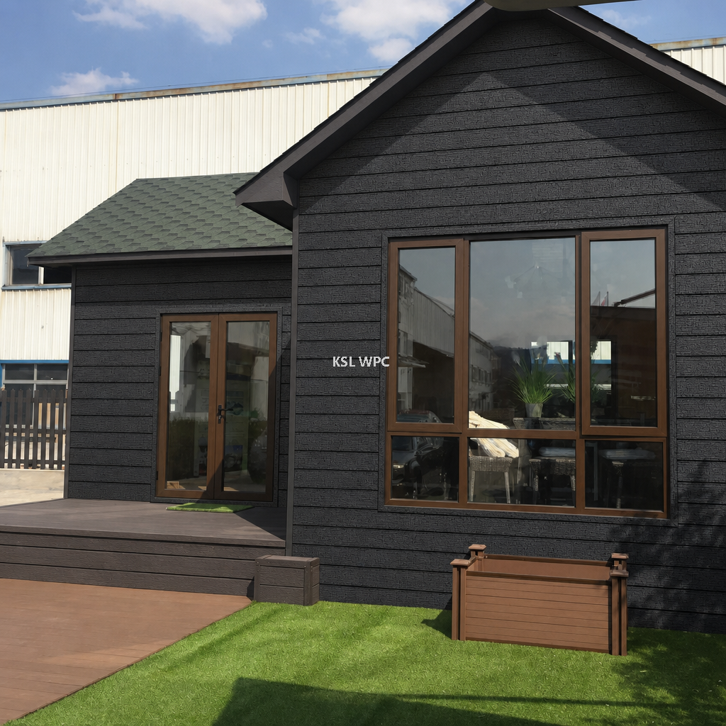 Outdoor Garden Courtyard Wall Siding Replacement with Black Charred WPC Cladding and Composite Decking