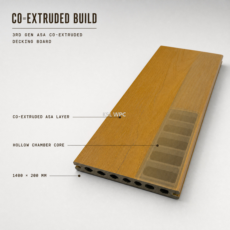 KSL 3rd Gen ASA Co-Extruded Decking Board 1400x200mm Charcoal Wood Grain Hollow Chamber Profile Deck Board