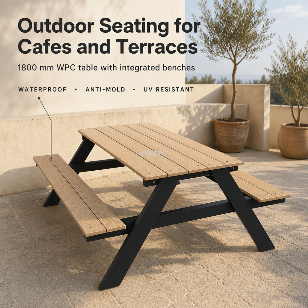 Two people seated at a WPC picnic table with integrated benches in a garden patio