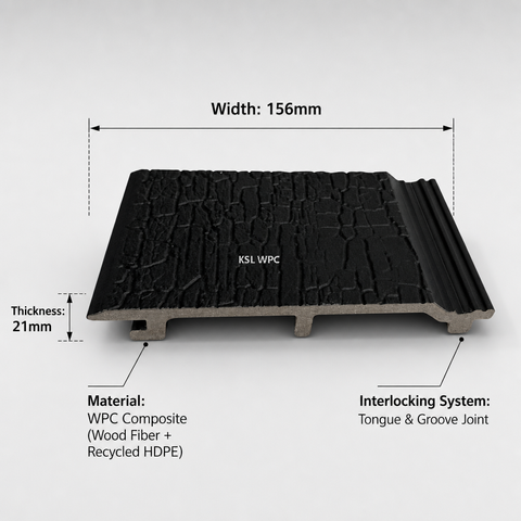 156x21mm Black Shou Sugi Ban WPC Exterior Wall Cladding Panel on Pure White Background