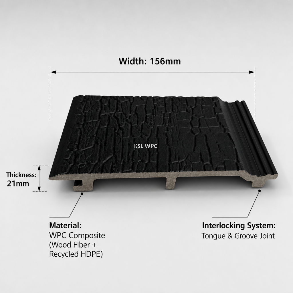 156x21mm Black Shou Sugi Ban WPC Wall Cladding Panel Cross Section and Dimension Specifications with Tongue and Groove Joint