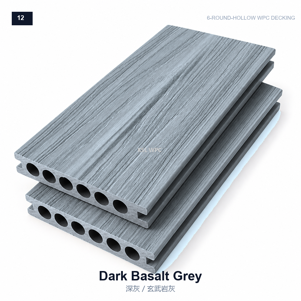 Light silver grey wood grain 6-round hollow WPC decking board, outdoor composite deck flooring for garden terrace