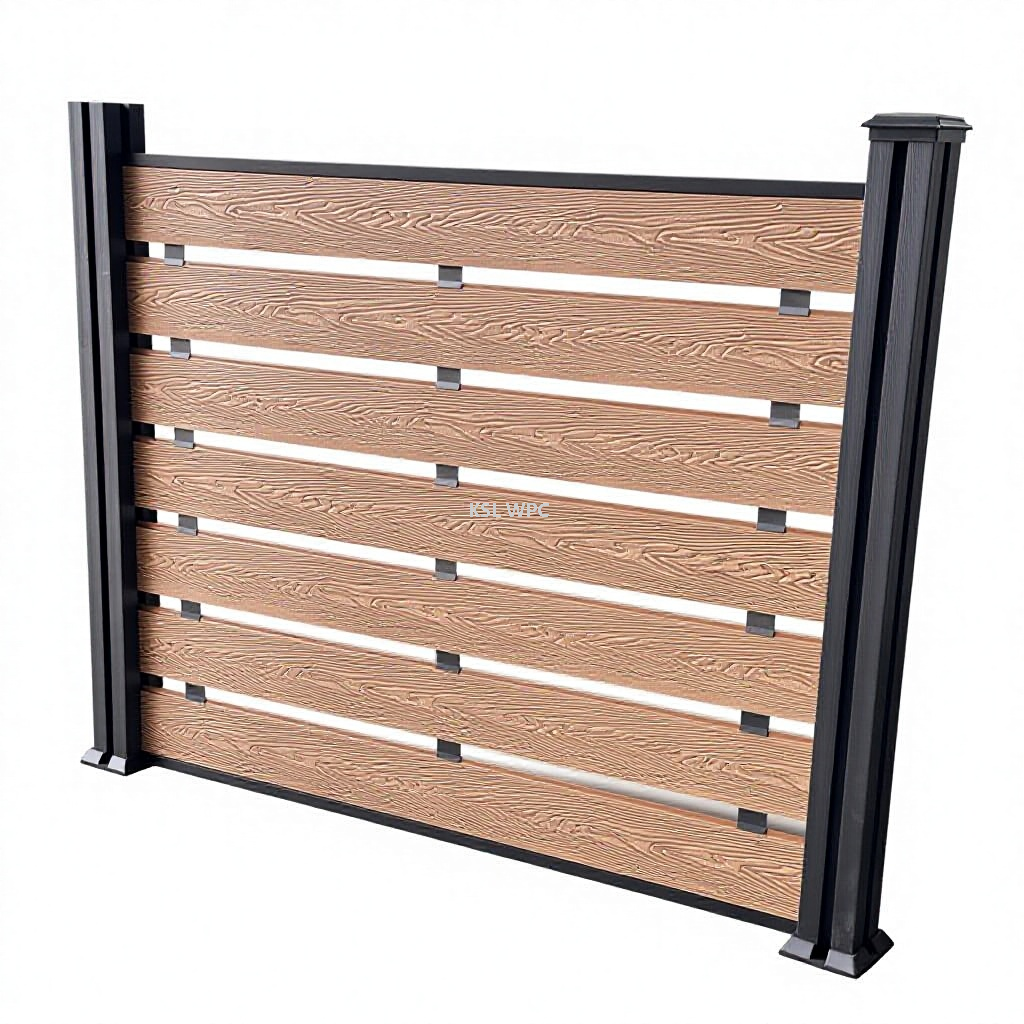 Detail view of anti-uv wpc fence panel texture and aluminum support posts